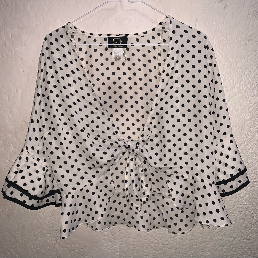 White Tie Front Polka Dot Top